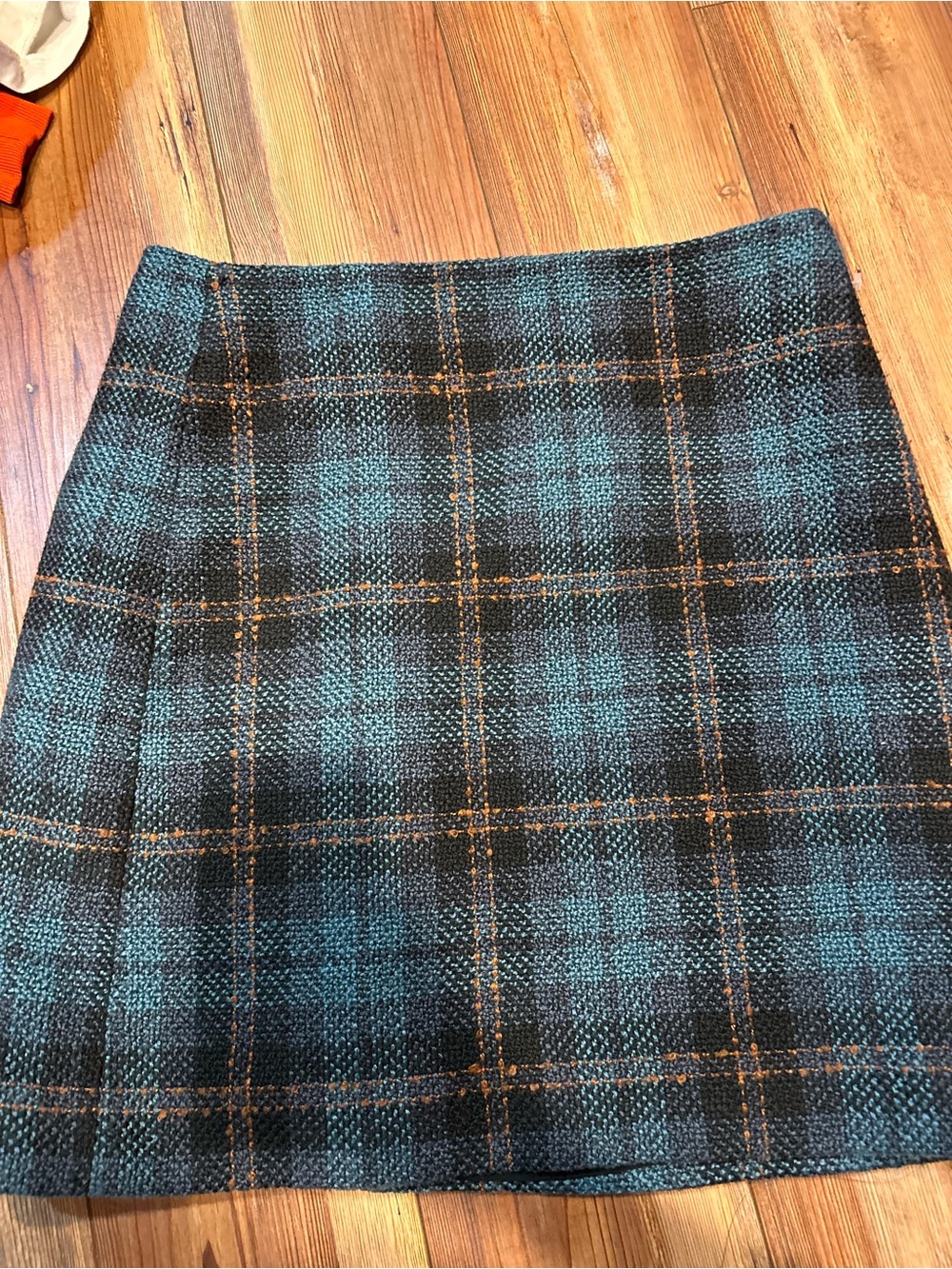 LOFT Teal and Black Plaid Mini Skirt with Orange Accents